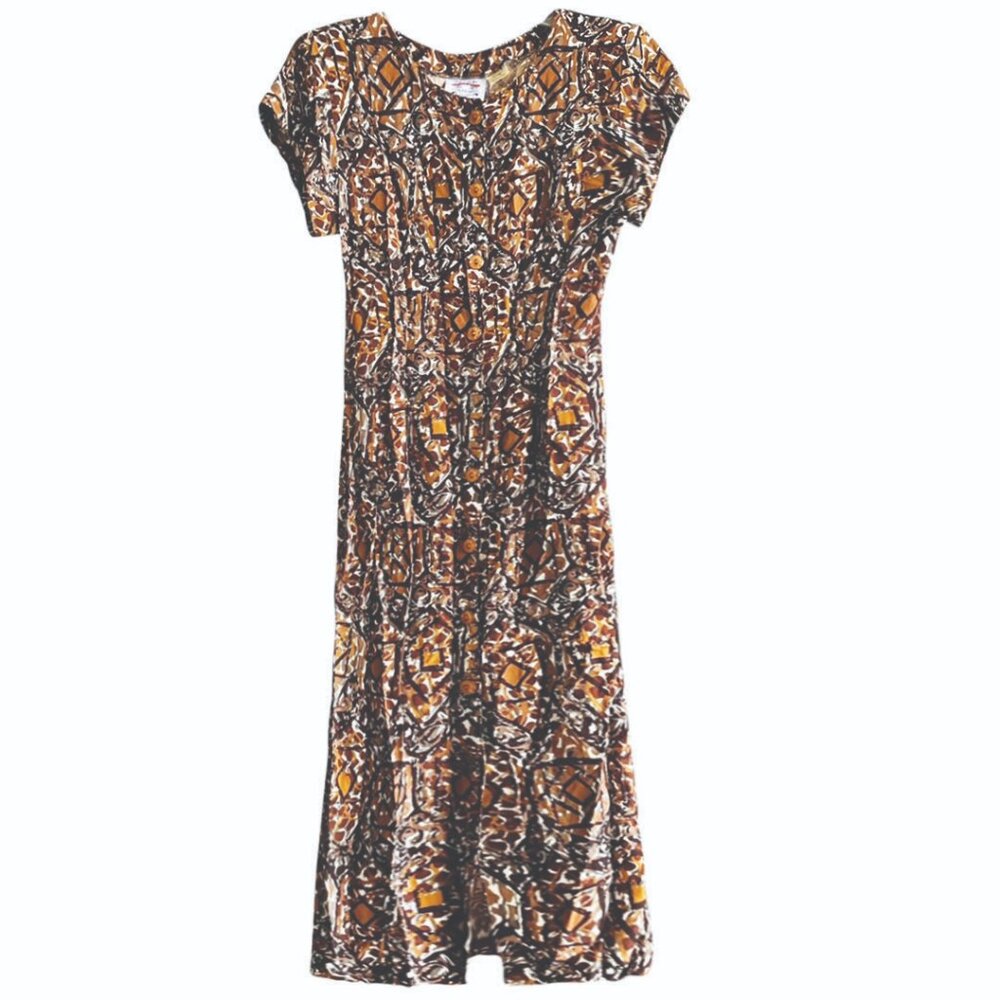 VTG Contempo Casuals Brown Batik Tribal Button Front Maxi Dress Junior Size S